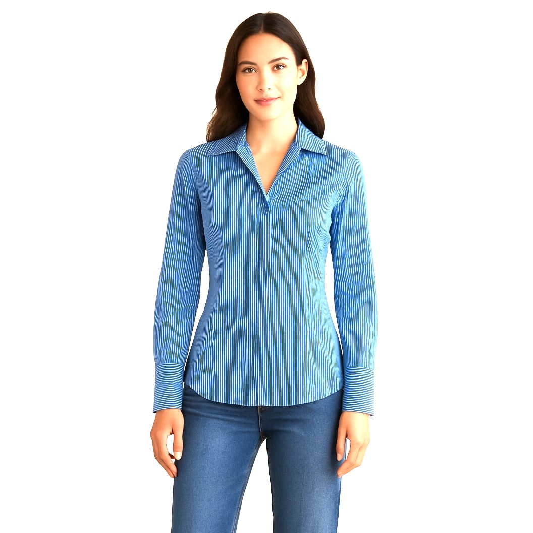Lafayette 148 Kennedy Style Blue & White Pinstripe French Cuff Blouse Size 6